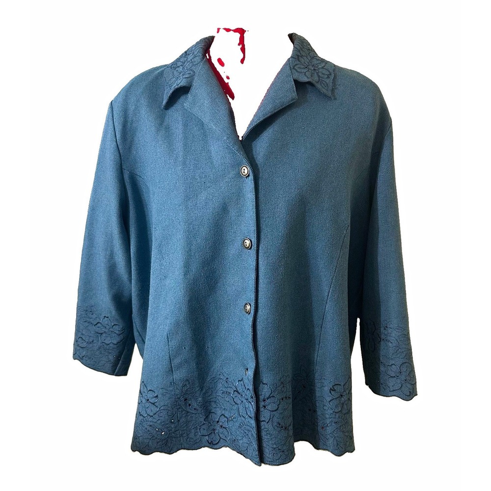 Y2K Alfred Dunner Size 16 Blue Embroidered Floral Cutwork herringbone jacket